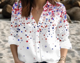 Blusa/Camisa con Estrella Patriótica del Aniversario de EE. UU., Top Americano de Mujer con Botones, Conjunto para el 4 de Julio, Camisa Roja, Blanca y Azul, Regalo para Ella