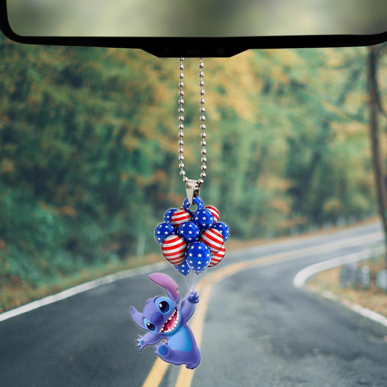Stitch Balloon 4Th Of July Car Ornament, Stitch Usa Flag Car Hanging, Disney America Car Charm, Car Decoration,Lilo And Stitch Ornament