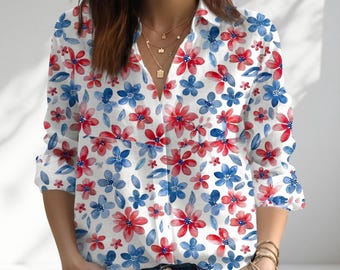 Blusa/Camisa con estampado floral de EE. UU., Top patriótico de mujer con botones, Camisa informal con estampado floral rojo, blanco y azul para el 4 de julio, Regalo para ella, Camisa para vacaciones de verano