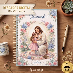 May include: A spiral-bound notebook titled Devocional featuring an illustration of a person with long brown hair and a beard kneeling to hug a young child in a pink dress, surrounded by floral wreaths, with the text DESCARGA DIGITAL TAMAÑO CARTA.
