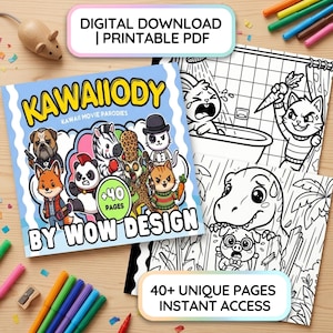 Może przedstawiać: Cyfrowy plik PDF do druku, kolorowanka zatytułowana KAWAIODY BY WOW DESIGN, zawierająca 40 stron parodii filmów w stylu kawaii z rysunkowymi zwierzętami. Okładka przedstawia buldoga, lisa, pandę, zebrę, lemura i kota w różnych kostiumach.