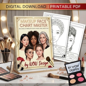 May include: A digital download printable PDF makeup face chart master guide featuring five diverse portraits on the cover. The set includes thirty templates for various races, ages, and styles, accompanied by makeup palettes and brushes.