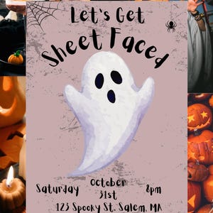 Może przedstawiać: Ulotka z zaproszeniem na imprezę Halloween z centralną ilustracją białego ducha na jasnofioletowym tle z tekstem Let's Get Sheet Faced, Saturday October 31st 8pm, 123 Spooky St. Salem, MA, oraz Costume Required--Bring your own boo-ze.