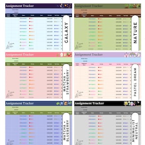 May include: Ten assignment tracker templates are displayed, each with a different design and colour scheme. Themes include Galaxy, Nature, Pastel Dream, and Ocean. Text reads "It comes in 10 different styles!"