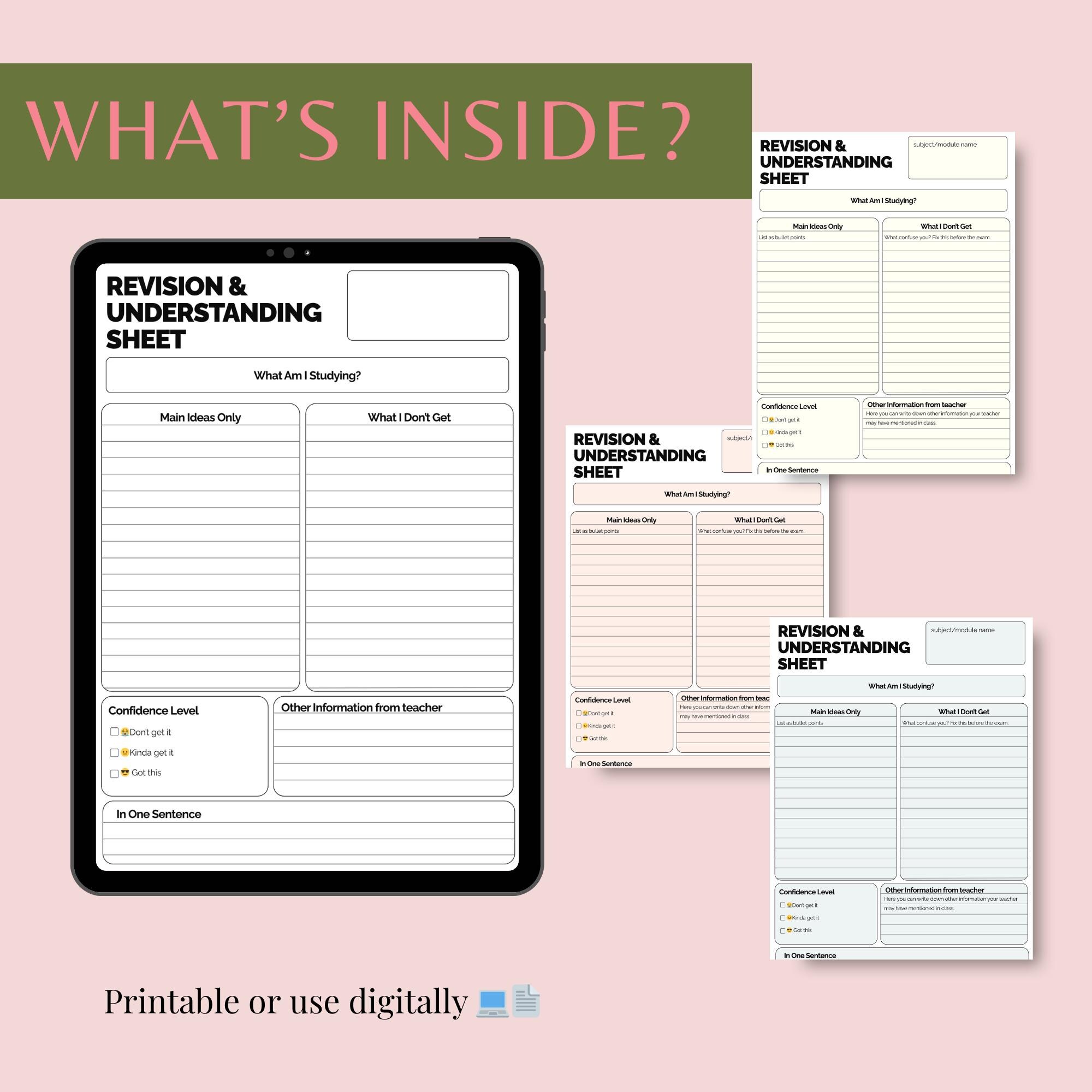 Exam Revision Sheet Printable | Study Summary Notes Template | Student ...