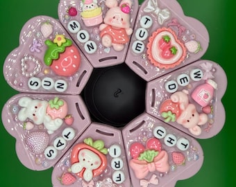 Custom, bejewelled, strawberry, bunny, rabbit, pearls, decoden, weekly pill box.