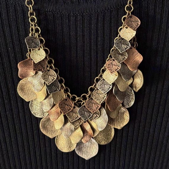 Textured Mixed Metal Bib Necklace: Bronze, Gold, Copper, Silver Tones