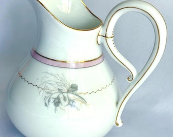 Dzbanek do mleka z porcelany vintage, złote wykończenie, różowy pasek, kwiatowy wzór, Japonia
