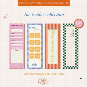 Puede incluir: Una descarga digital con cuatro marcadores coloridos. Los marcadores incluyen una plantilla de reseña de libro, una tarjeta de bingo de libro, un marcador con "Main Character Energy" y una lista mensual de TBR. El diseño incluye el texto "The reader collection".