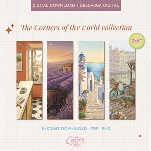 Puede incluir: Conjunto de cuatro marcadores digitales, cada uno con una ilustración escénica diferente. Los marcadores muestran una cocina, un campo de lavanda, un pueblo costero y una escena de canal. El texto "The Corners of the world collection" está visible. Medidas: 5.08cm x 15.24cm.