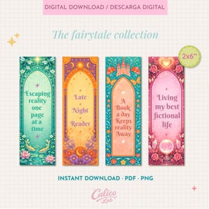 Printable Bookmarks Set of 4 | The Fairytale Collection | Whimsical Book Lover Gift | Fantasy Reader Digital Download PDF PNG