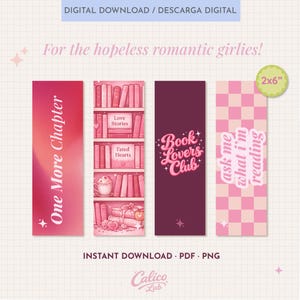 Puede incluir: Cuatro marcadores digitales con temas románticos. Uno es rosa degradado con el texto "One More Chapter". Otro muestra una estantería con "Love Stories" y "Fated Hearts". Un tercero es burdeos con "Book Lovers Club". El último es rosa a cuadros con "ask me what I'm reading".