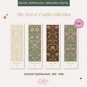 Puede incluir: Cuatro marcapáginas rectangulares, cada uno de 5 x 15 cm, con diseños florales y de aves en varias paletas de colores. La colección, titulada "The Arts & Crafts", incluye diseños llamados "Botanical Hymn", "Garden of Quiet Pages", "Velvet Acanthus" y "Orchard Whispers."