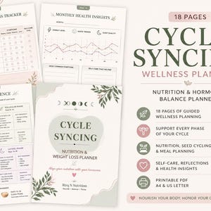 Puede incluir: Un planificador de bienestar titulado "Cycle Syncing" con el subtítulo "Nutrition & Hormone Balance Planner". El planificador incluye páginas para el seguimiento del bienestar, información mensual sobre la salud y referencias rápidas. El diseño es en colores suaves con acentos florales.