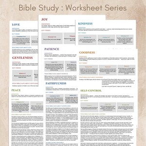 May include: A worksheet titled "Fruits of the Spirit" with sections on Love, Joy, Kindness, Gentleness, Patience, Goodness, Peace, Faithfulness, and Self-Control. The text is in a serif font on a cream-colored background.