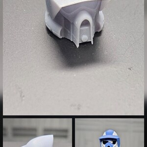 Puede incluir: Un accesorio de casco gris claro impreso en 3D sin pintar, con una visera ancha y una abertura central en la placa frontal. El conjunto incluye varias vistas del casco, incluida una fijada a una figura de acci&oacute;n blanca y azul con detalles negros.