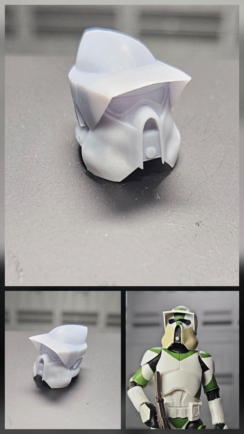 Puede incluir: Un casco de soldado explorador de resina gris claro sin pintar para una figura de acci&oacute;n a escala de 15 cm, con una visera ancha y un aparato respiratorio central, mostrado como pieza individual y puesto en una figura con armadura verde y blanca.