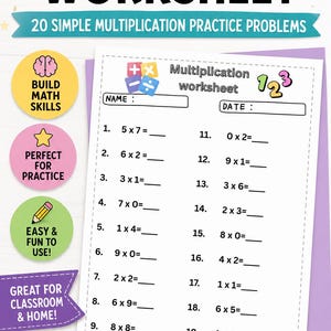 May include: A multiplication worksheet featuring 20 simple math problems with blank lines for answers. The document includes fields for name and date, colorful icons of math symbols, and the text Multiplication worksheet, 123, and 20 simple multiplication practice problems.