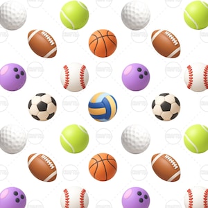 Seamless Sports Balls Pattern | Football, Basketball, Soccer, Baseball, Tennis | Transparent Background | PNG Download