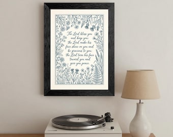 The Lord Bless You And Keep You Canvas, Indigo Blue Botanical Border Poster, Christian Blessing Gift