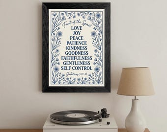 Fruit of the Spirit Canvas Wall Art, Indigo Blue Botanical Border Poster, Christian Gift