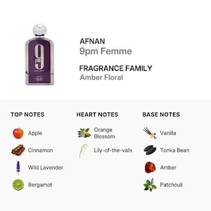 Puede incluir: Un frasco de perfume morado y plateado con el texto "9pm Femme" y "AFNAN". La familia olfativa es &Aacute;mbar Floral. Las notas de salida incluyen manzana, canela y bergamota.