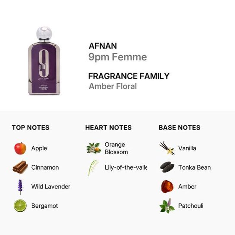 Puede incluir: Un frasco de perfume morado y plateado con el texto "9pm Femme" y "AFNAN". La familia olfativa es &Aacute;mbar Floral. Las notas de salida incluyen manzana, canela y bergamota.