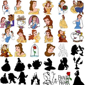 May include: A collection of various illustrations and silhouettes featuring Belle from Disney's Beauty and the Beast. The images include Belle in her iconic yellow gown, with the Beast, and other characters.