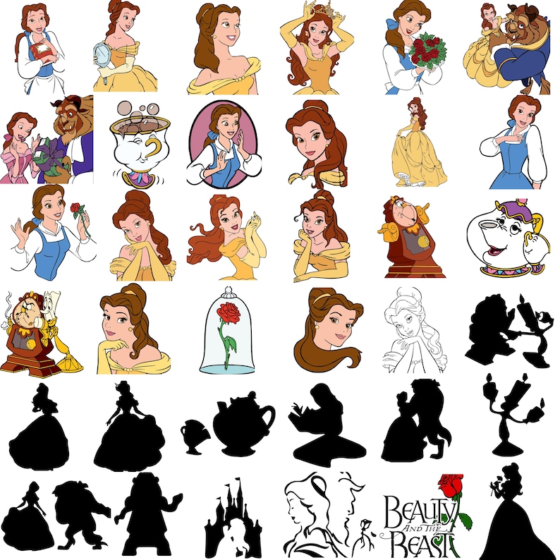 May include: A collection of various illustrations and silhouettes featuring Belle from Disney's Beauty and the Beast. The images include Belle in her iconic yellow gown, with the Beast, and other characters.