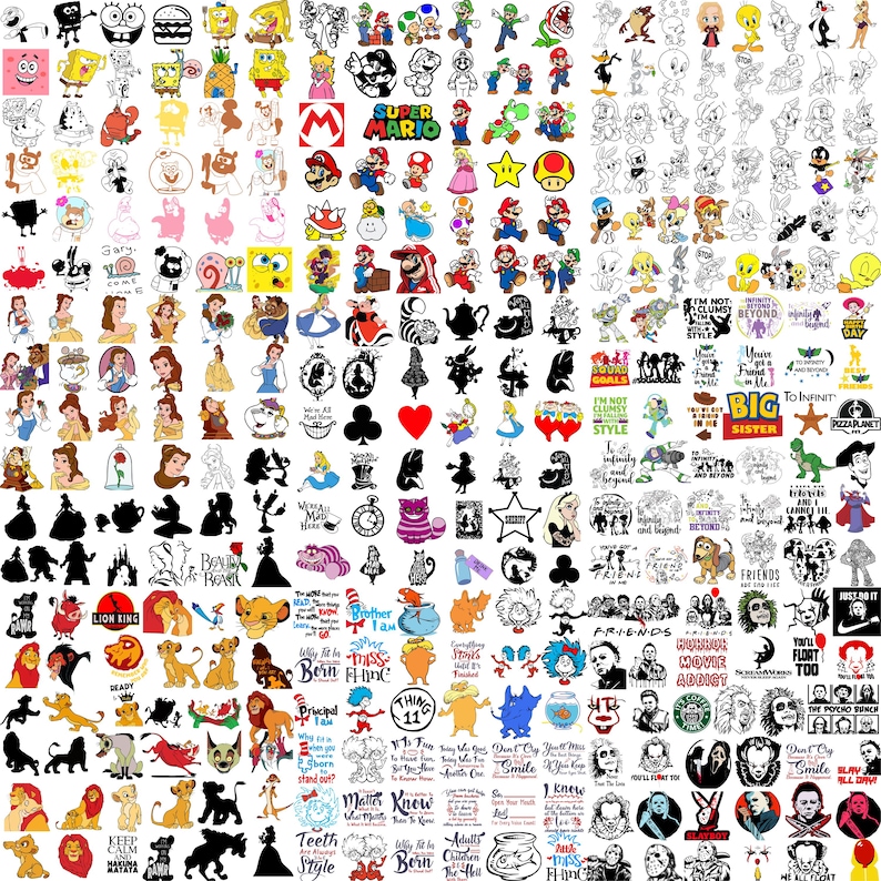 May include: A collection of cartoon and movie character stickers, including SpongeBob SquarePants, Mario, Disney princesses, and characters from "The Lion King" and "Friends." The stickers are in various colors and styles, with some in black and white.