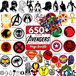 May include: A collection of superhero-themed graphics, including logos, silhouettes, and character illustrations. The image features the Avengers logo, character portraits, and the text "650+ Avengers Infinity War Mega Bundle."