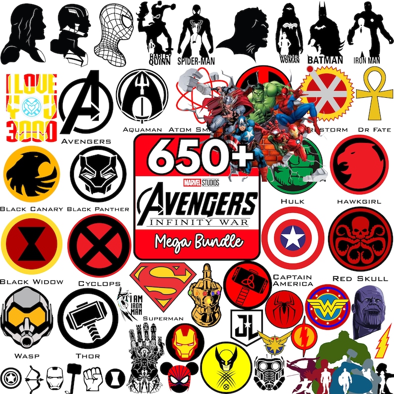 May include: A collection of superhero-themed graphics, including logos, silhouettes, and character illustrations. The image features the Avengers logo, character portraits, and the text "650+ Avengers Infinity War Mega Bundle."