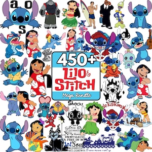 May include: A collection of colorful cartoon illustrations featuring characters from Lilo & Stitch. The image includes various depictions of Stitch and Lilo, along with text that reads "450+ Lilo & Stitch Mega Bundle".