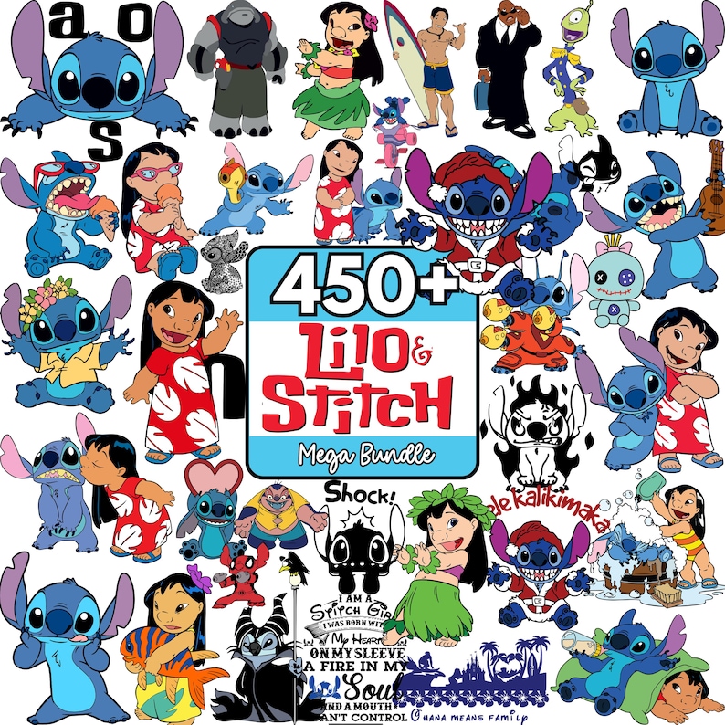 May include: A collection of colorful cartoon illustrations featuring characters from Lilo & Stitch. The image includes various depictions of Stitch and Lilo, along with text that reads "450+ Lilo & Stitch Mega Bundle".