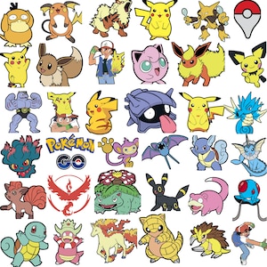 May include: A collection of colorful cartoon character stickers, including Pikachu, Eevee, and others from the Pok&eacute;mon franchise. The stickers feature various poses and designs, with a white outline.