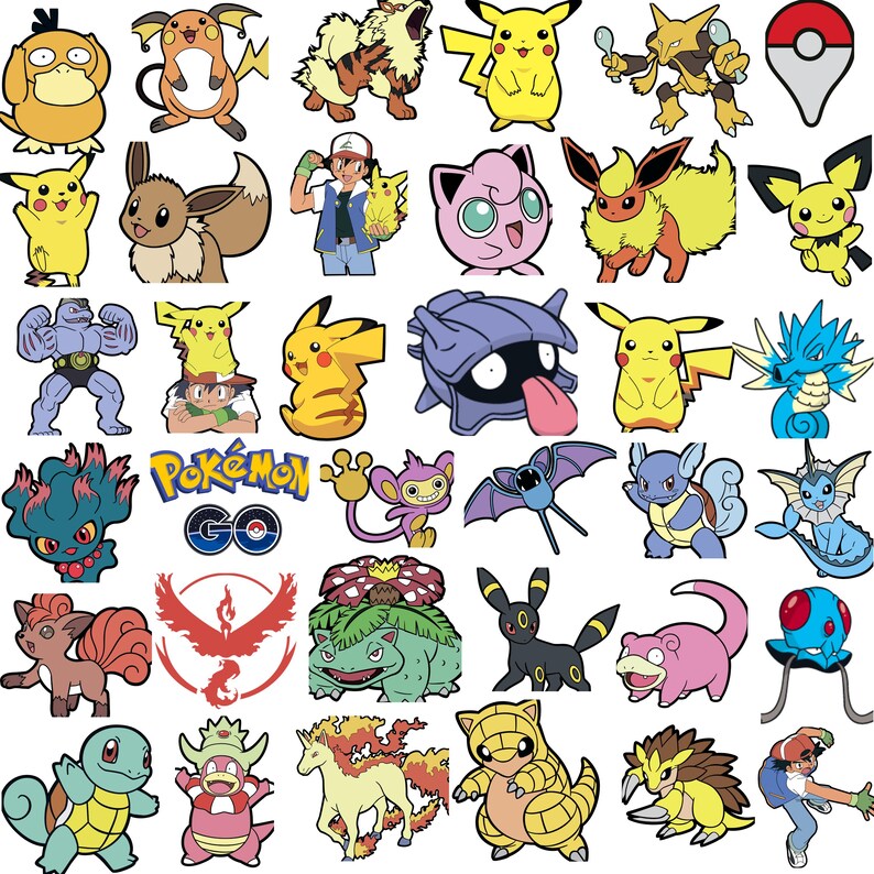 May include: A collection of colorful cartoon character stickers, including Pikachu, Eevee, and others from the Pok&eacute;mon franchise. The stickers feature various poses and designs, with a white outline.