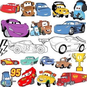 May include: A collection of cartoon car illustrations in various colors, including red, blue, yellow, and purple. The image features several different car designs, including race cars and trucks, with the number 95 prominently displayed on some.