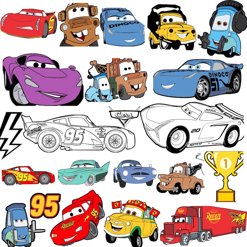 May include: A collection of cartoon car illustrations in various colors, including red, blue, yellow, and purple. The image features several different car designs, including race cars and trucks, with the number 95 prominently displayed on some.