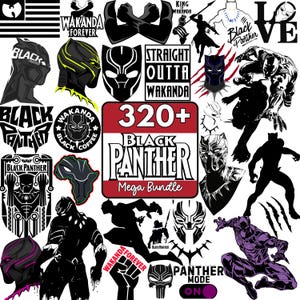 May include: A collection of Black Panther-themed graphics, including silhouettes, masks, and text elements like "Wakanda Forever" and "Black Panther." The images are in black, white, and purple, with a "320+ Black Panther Mega Bundle" graphic.