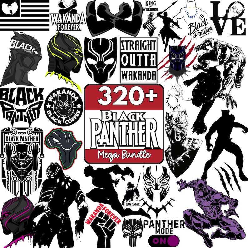 May include: A collection of Black Panther-themed graphics, including silhouettes, masks, and text elements like "Wakanda Forever" and "Black Panther." The images are in black, white, and purple, with a "320+ Black Panther Mega Bundle" graphic.