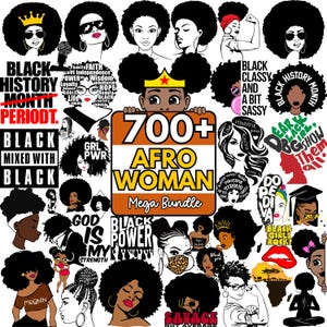 May include: A collection of illustrations featuring Black women with afros, crowns, and empowering messages. The images include text such as "Black History Month," "Black Power," and "Afro Woman Mega Bundle."