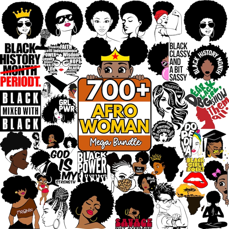 May include: A collection of illustrations featuring Black women with afros, crowns, and empowering messages. The images include text such as "Black History Month," "Black Power," and "Afro Woman Mega Bundle."