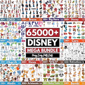 Más de 65 000 imágenes del Mega Paquete Especial Disney en formato SVG y PNG / Princesas, Mickey Mouse, imágenes prediseñadas de Pixar / Archivos de sublimación para descarga digital / Paquete de dibujos animados