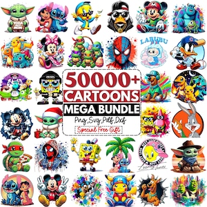 Puede incluir: Una colección digital de ilustraciones de personajes de dibujos animados que incluye a Yoda, Mickey Mouse, Bob Esponja y Spider-Man. El texto central dice 50000+ CARTOONS MEGA BUNDLE Png, Svg, Pdf, Dxf Special Free Gift.