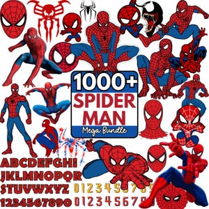 May include: A collection of Spider-Man themed graphics, including various poses of the superhero, his mask, and related symbols. The image also features a complete alphabet and numbers, all in a Spider-Man style. The text reads "1000+ SPIDER MAN Mega Bundle."