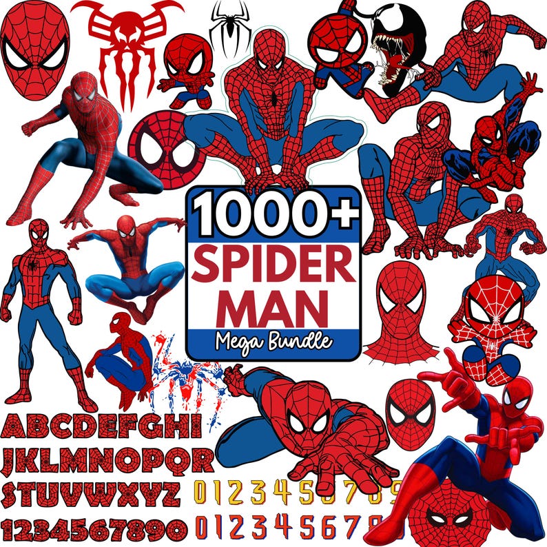 May include: A collection of Spider-Man themed graphics, including various poses of the superhero, his mask, and related symbols. The image also features a complete alphabet and numbers, all in a Spider-Man style. The text reads "1000+ SPIDER MAN Mega Bundle."