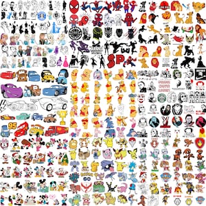 May include: A collection of various cartoon and movie character stickers, including Spider-Man, Winnie the Pooh, Disney Cars, and Pokemon. The stickers are in various colors and designs, suitable for decorating items.