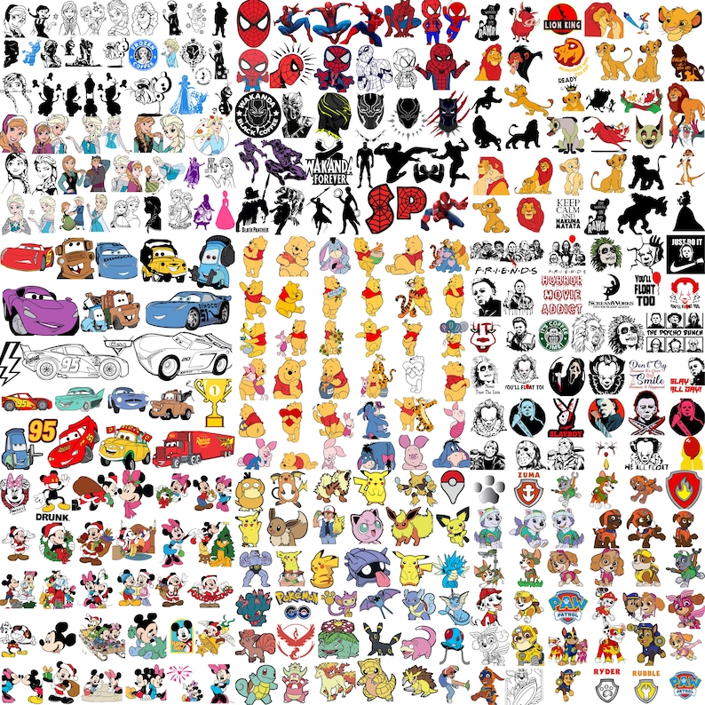 May include: A collection of various cartoon and movie character stickers, including Spider-Man, Winnie the Pooh, Disney Cars, and Pokemon. The stickers are in various colors and designs, suitable for decorating items.