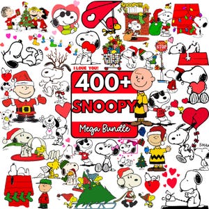 May include: A collection of Snoopy and Peanuts-themed graphics. The images include Snoopy in various poses, wearing Santa hats, holding hearts, and with friends. The text "400+ Snoopy Mega Bundle" is displayed in red.