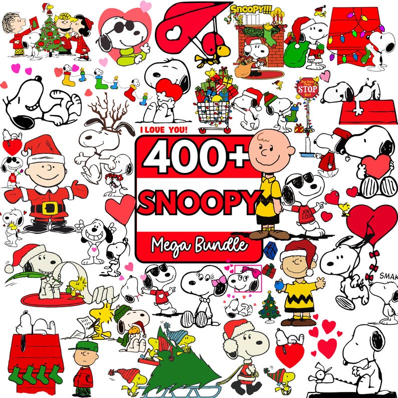 May include: A collection of Snoopy and Peanuts-themed graphics. The images include Snoopy in various poses, wearing Santa hats, holding hearts, and with friends. The text "400+ Snoopy Mega Bundle" is displayed in red.